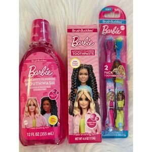 Barbie Brush Buddies Dental Set Mouthwash Toothpaste 2pk Toothbrushes Bubble Gum